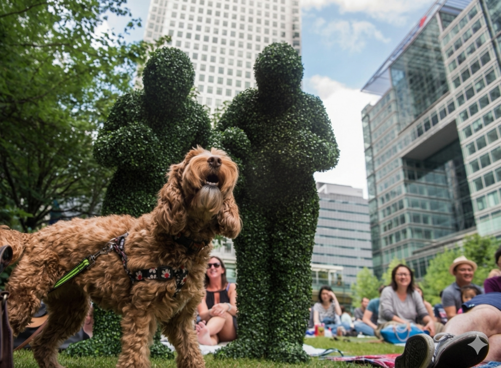 The Human Hedges meeting a dog at a festival in Canary Wharf